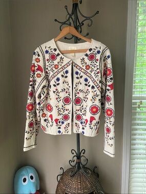 Anthropologie Maeve Kirian Embroidered Crop Jacket Size M